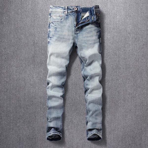 men's jeans italian style fashion men retro light blue elastic cotton slim ripped vintage designer denim pants
men's jeans italian style fashion men retro light blue elastic cotton slim ripped vintage designer denim pants