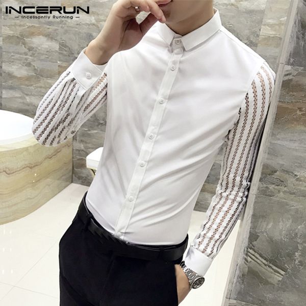 men's casual shirts incerun men solid color lapel long sleeve lace patchwork dress shirt korean fashion clubwear party slim mens blouse, White;black
men's casual shirts incerun men solid color lapel long sleeve lace patchwork dress shirt korean fashion clubwear party slim mens blouse, White;black