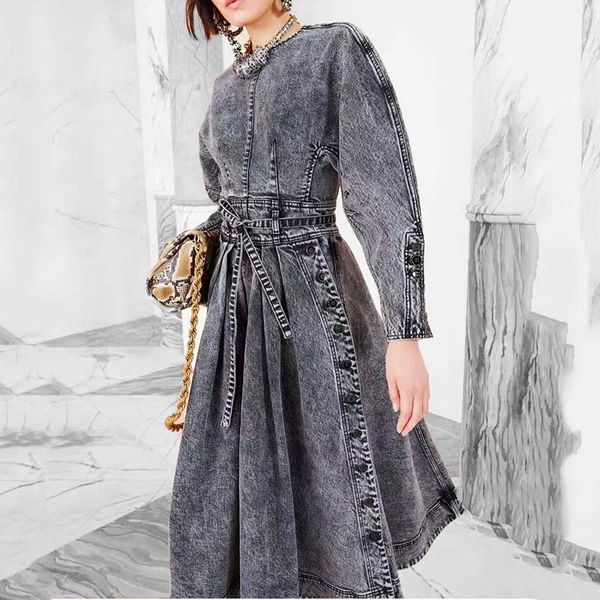 spring fashion elegant denim women dress solid flare sleeve sashes patchwork long slim cowboy ladies casual dresses, Black;gray
spring fashion elegant denim women dress solid flare sleeve sashes patchwork long slim cowboy ladies casual dresses, Black;gray