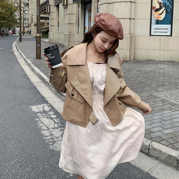 women's leather & faux 2021 spring and autumn thin locomotive suit short retro khaki pu jacket women long sleeve beige dress two-piece, Black
women's leather & faux 2021 spring and autumn thin locomotive suit short retro khaki pu jacket women long sleeve beige dress two-piece, Black