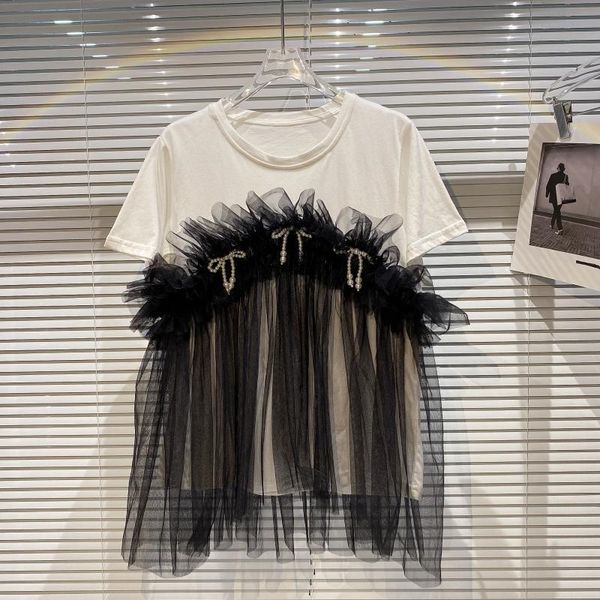 women's t-shirt female 2021 fashion summer women pearl bow mesh stitching short sleeve t-shirts lady loose tshirt tee girls top, White
women's t-shirt female 2021 fashion summer women pearl bow mesh stitching short sleeve t-shirts lady loose tshirt tee girls top, White