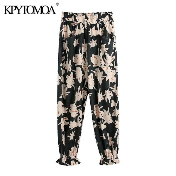 women fashion side pockets floral print pants vintage high elastic waist ruffled hem female ankle trousers mujer 210420, Black;white
women fashion side pockets floral print pants vintage high elastic waist ruffled hem female ankle trousers mujer 210420, Black;white