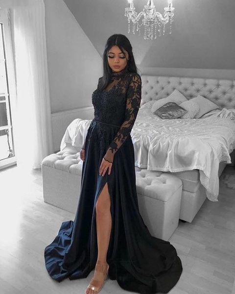 designer black long sleeves prom dresses illusion formal evening gowns a line high collar side split satin party dress lady gown robe soiré, Black;red 
designer black long sleeves prom dresses illusion formal evening gowns a line high collar side split satin party dress lady gown robe soiré, Black;red