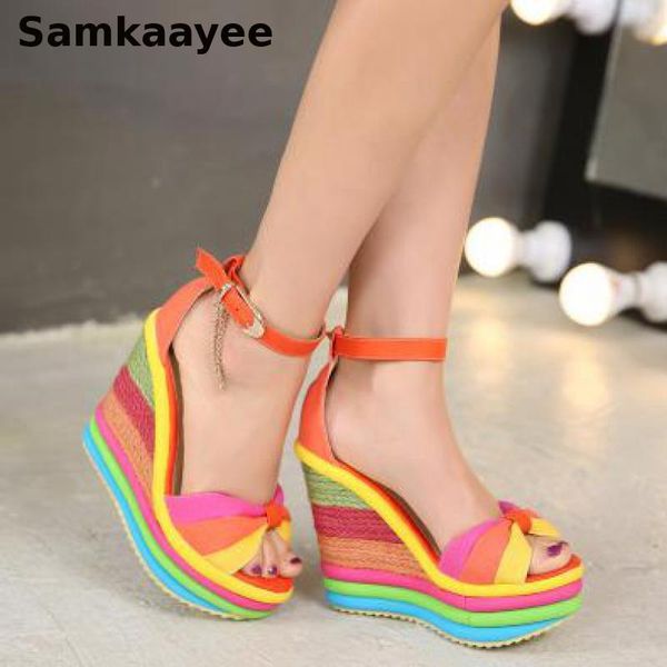 size 34-43 womens sandals summer female 13cm high heels platform rainbow striped wedges pumps peep toe shoes buckle zapatos y52, Black
size 34-43 womens sandals summer female 13cm high heels platform rainbow striped wedges pumps peep toe shoes buckle zapatos y52, Black