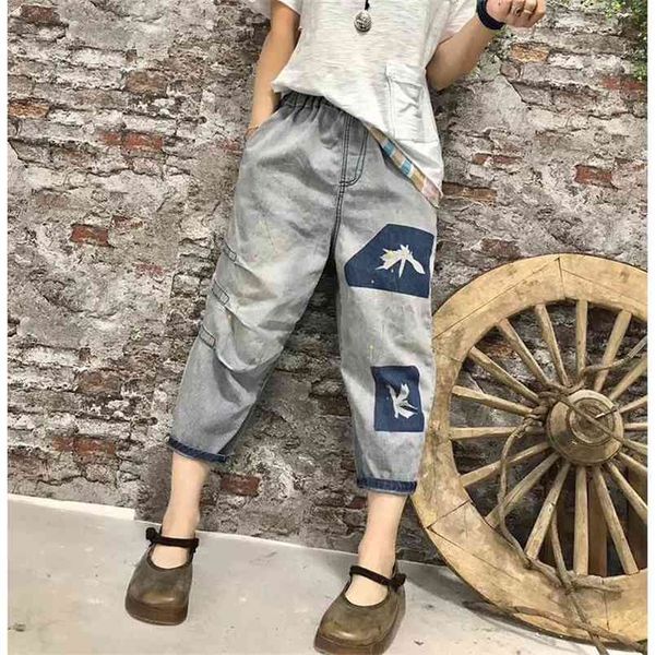 summer arts style women elastic waist loose calf-length pants jeans vintage printing cotton denim harem v297 210512, Blue
summer arts style women elastic waist loose calf-length pants jeans vintage printing cotton denim harem v297 210512, Blue