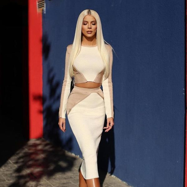 two piece dress 2021 women's hit color long-sleeved stitching side zipper bodycon bandage two-piece set celebrity party club suit, White
two piece dress 2021 women's hit color long-sleeved stitching side zipper bodycon bandage two-piece set celebrity party club suit, White