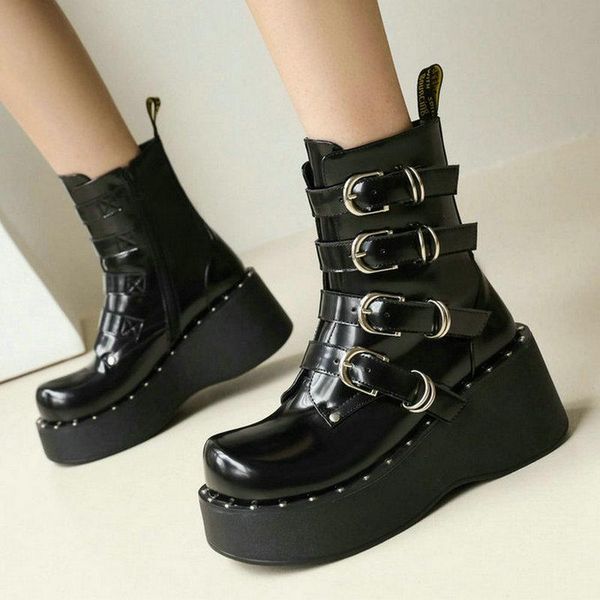 boots patent pu leather women motorcycle platform flat with ladies ankle round toe buckle punk women's big size 43, Black
boots patent pu leather women motorcycle platform flat with ladies ankle round toe buckle punk women's big size 43, Black