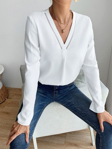 solid v neck blouse y9k1#, White
solid v neck blouse y9k1#, White