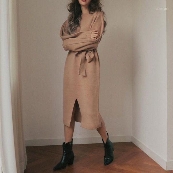 casual dresses front side split sweater dress full sleeve elegant sashes empire winter warm 2021 fashion o-neck knitted women, Black;gray
casual dresses front side split sweater dress full sleeve elegant sashes empire winter warm 2021 fashion o-neck knitted women, Black;gray