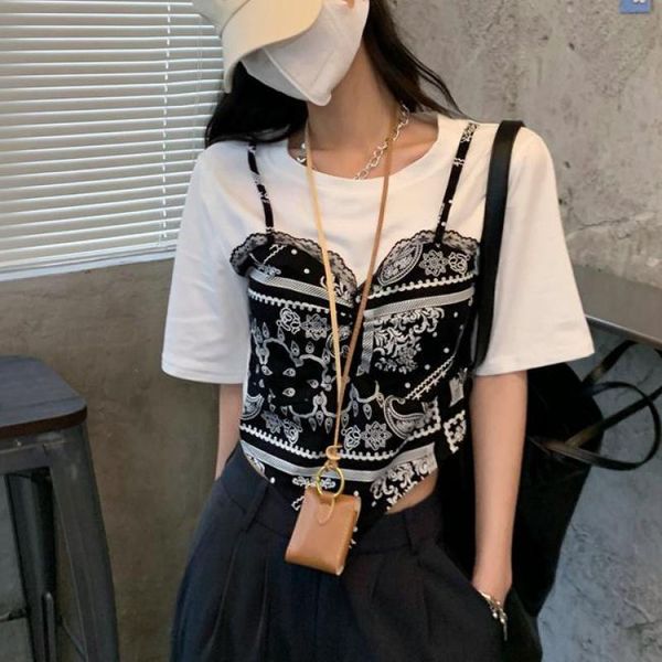 women's t-shirt fashion short sleeve crop women summer casual o neck female fake 2 pieces slim club streetwear t-shirts, White
women's t-shirt fashion short sleeve crop women summer casual o neck female fake 2 pieces slim club streetwear t-shirts, White