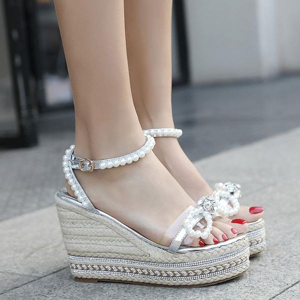 summer silver pearl bow wedges heel sandals thick bottom open toe, Black 
summer silver pearl bow wedges heel sandals thick bottom open toe, Black