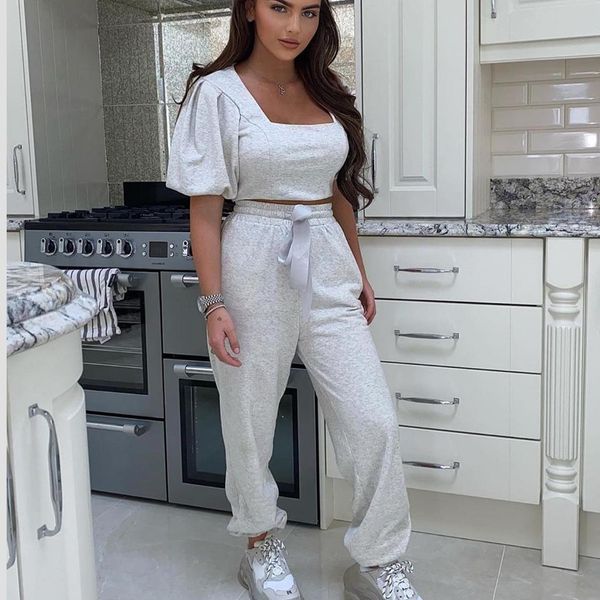 autumn two pieces sets womens tracksuits vintage square collar puff sleeve crop amp full length pants trousers casual outwear, Gray
autumn two pieces sets womens tracksuits vintage square collar puff sleeve crop amp full length pants trousers casual outwear, Gray