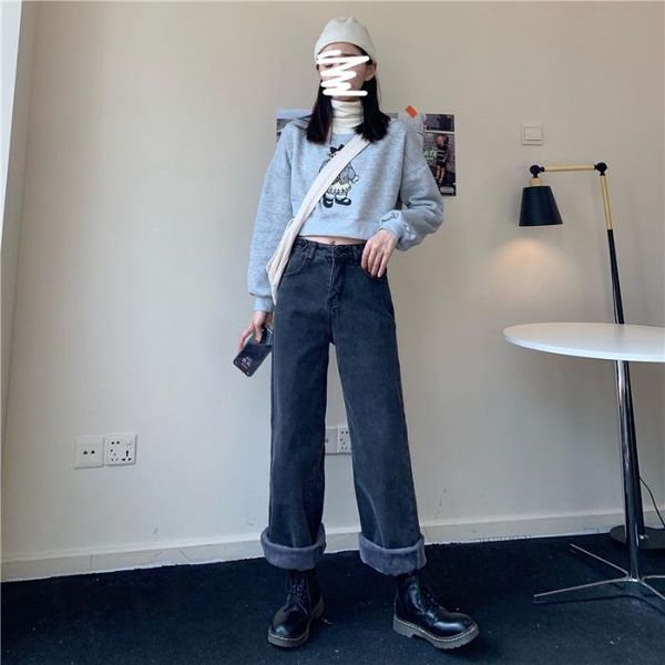 fleeced loose wide leg jeans zipper winter warm soften casual women denim streetwear korean chic 2021 arrival women's, Blue