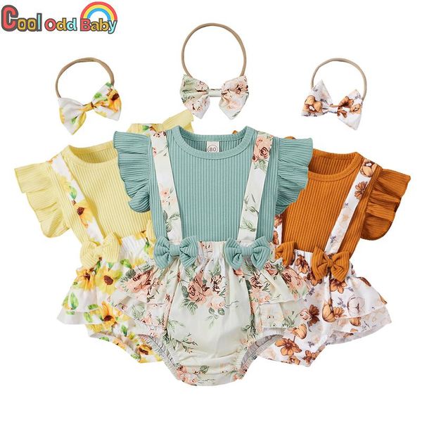 clothing sets 3pcs baby summer clothes for born girl solid knitted floral suspenders shorts headband infant outfits, White