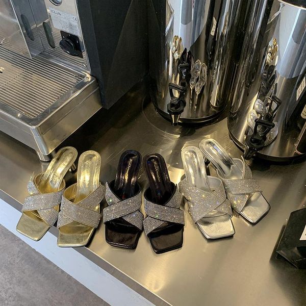 bling women sandals slippers cross strap rhinestone slides slip on hollow summer thin high heels square toe silver gold, Black
bling women sandals slippers cross strap rhinestone slides slip on hollow summer thin high heels square toe silver gold, Black
