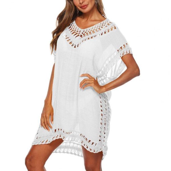 women's swimwear loose bikini cover up women bat short sleeve hollow out v neck dress for beach, White;black
women's swimwear loose bikini cover up women bat short sleeve hollow out v neck dress for beach, White;black