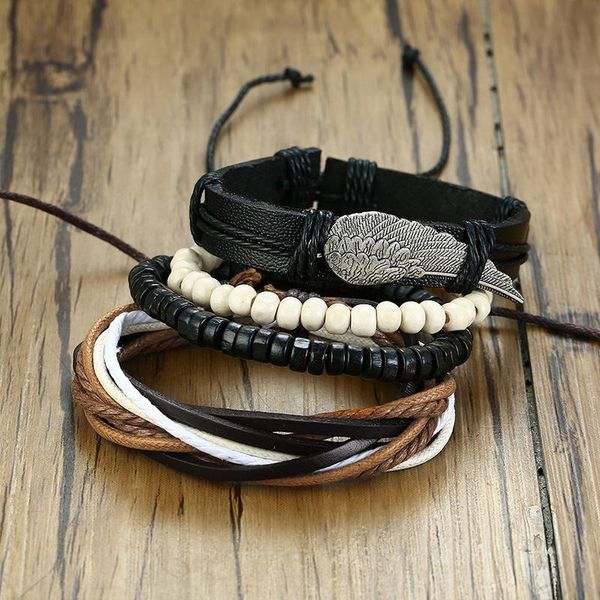 bangle 2021 fashion trend western style alloy feather fitting wooden bead pu braided four-piece set suitable for men 'accessories, Black
bangle 2021 fashion trend western style alloy feather fitting wooden bead pu braided four-piece set suitable for men 'accessories, Black