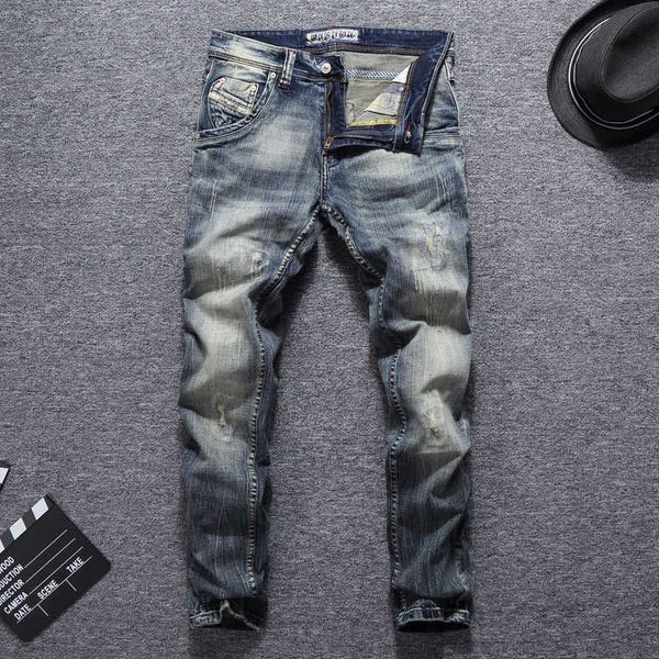 men's jeans italian vintage fashion slim fit retro washed ripped men designer denim pants streetwear hip hop homme 5xnr k9m1, Blue
men's jeans italian vintage fashion slim fit retro washed ripped men designer denim pants streetwear hip hop homme 5xnr k9m1, Blue