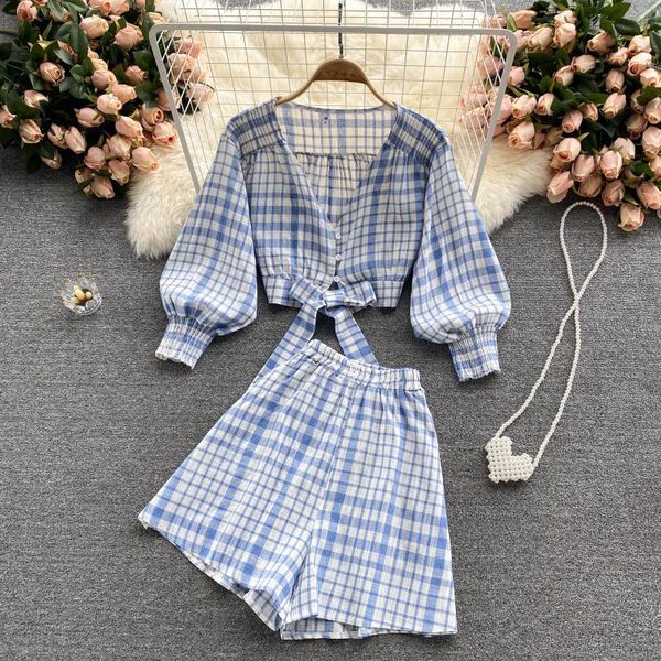 women's tracksuits singreiny women summer retro plaid casual set v neck long puff sleeve short blouse+high waist wide leg shorts two pi, Gray
women's tracksuits singreiny women summer retro plaid casual set v neck long puff sleeve short blouse+high waist wide leg shorts two pi, Gray