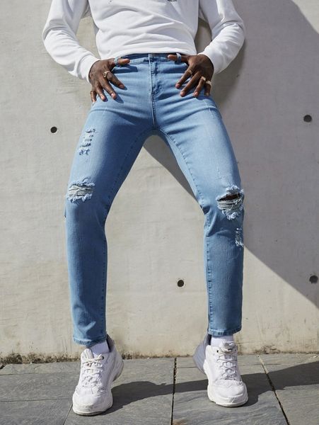 men ripped detail skinny jeans w42y#, Blue