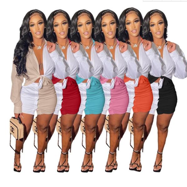 Women's Two Piece Pants woman coat tracksuit Casual pocket contrast color shirt button skirt with two sets, White
Women's Two Piece Pants woman coat tracksuit Casual pocket contrast color shirt button skirt with two sets, White