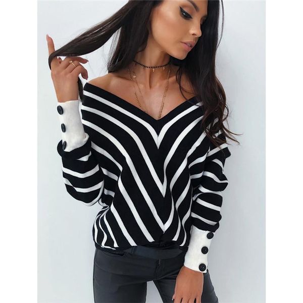 off shoulder knitted sweater women autumn v neck long sleeve striped loose fitting pullover basic women's sweaters, White;black
off shoulder knitted sweater women autumn v neck long sleeve striped loose fitting pullover basic women's sweaters, White;black