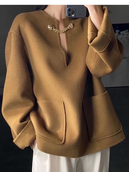 women's wool & blends luxious 2021 fashion round neck double-sided cashmere coat korean style classic female coats, Black
women's wool & blends luxious 2021 fashion round neck double-sided cashmere coat korean style classic female coats, Black
