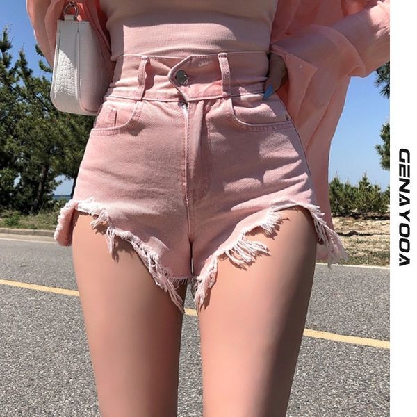 genayooa streetwear women pink ripped tassel hem jeans summer korean style ladies shorts feminino denim 210417, White;black
