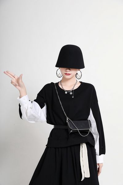 sweaters msxu autumn female winter black and white contrast fake nightgown two pieces of seamless women's shirt top, White;black
sweaters msxu autumn female winter black and white contrast fake nightgown two pieces of seamless women's shirt top, White;black