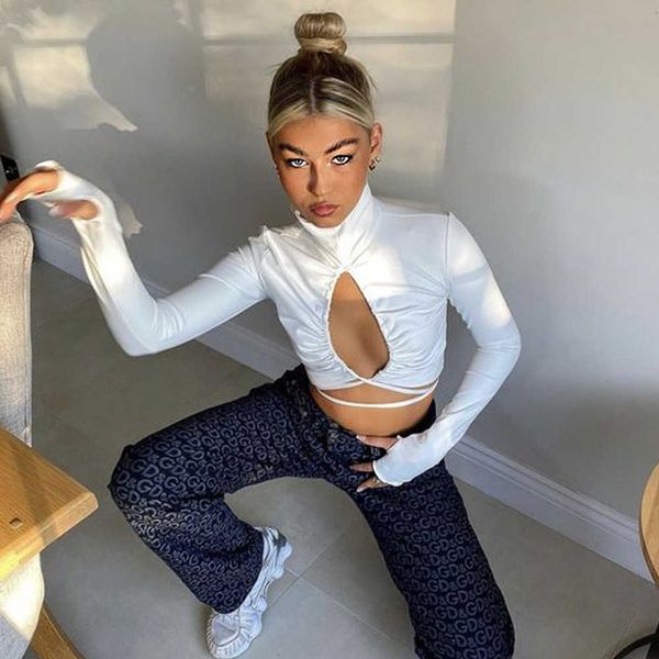 2021 spring women's hollow lace up high collar short solid color with open navel long sleeve t-shirt, White
2021 spring women's hollow lace up high collar short solid color with open navel long sleeve t-shirt, White