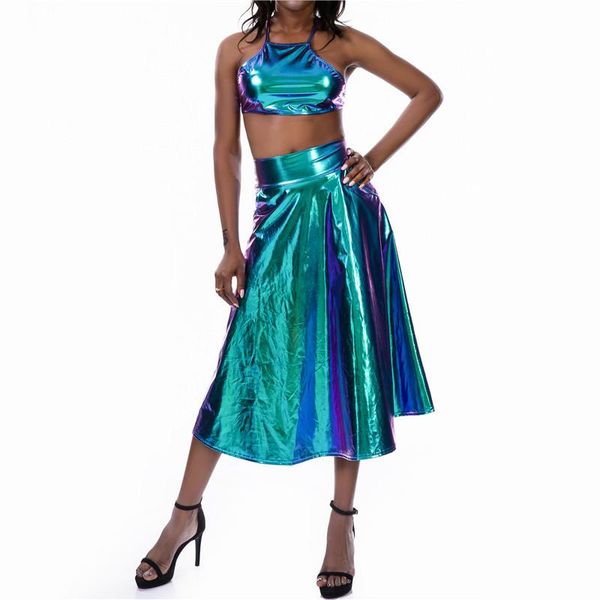 women's tracksuits shiny holographic women two piece set halter backless criss cross bandage crop wet look mid calf skirt club ouitfit, Gray
women's tracksuits shiny holographic women two piece set halter backless criss cross bandage crop wet look mid calf skirt club ouitfit, Gray