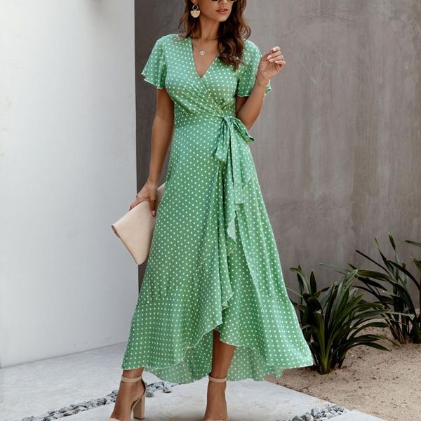 women's sleepwear bohemian polka dot green dress chiffon wrap v neck short sleeve split maxi ruffled irregular women summer, Black;red
women's sleepwear bohemian polka dot green dress chiffon wrap v neck short sleeve split maxi ruffled irregular women summer, Black;red