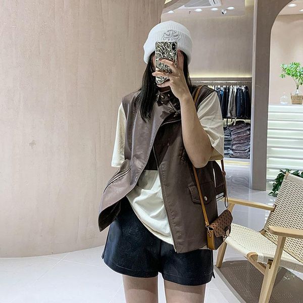 women's leather & faux korean coffee color women waistcoat plus belt autumn 2021 stand collar sleeveless biker coat streetwear veste fe, Black
women's leather & faux korean coffee color women waistcoat plus belt autumn 2021 stand collar sleeveless biker coat streetwear veste fe, Black