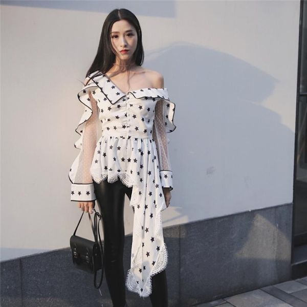 women's blouses & shirts polka dot women fashion designer irregular one shoulder mesh long sleeve ruffle, White
women's blouses & shirts polka dot women fashion designer irregular one shoulder mesh long sleeve ruffle, White