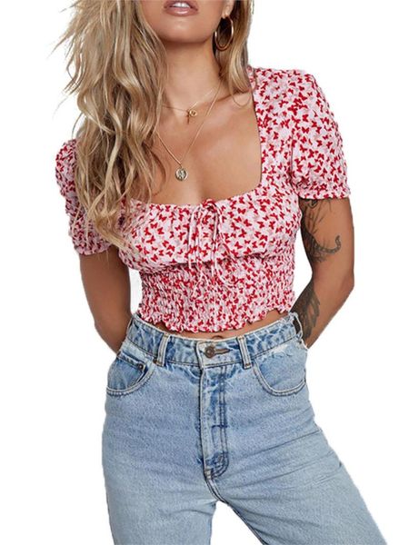 women's t-shirt cropped puff sleeve square collar fashion street shoot retro floral for dating gift, White
women's t-shirt cropped puff sleeve square collar fashion street shoot retro floral for dating gift, White