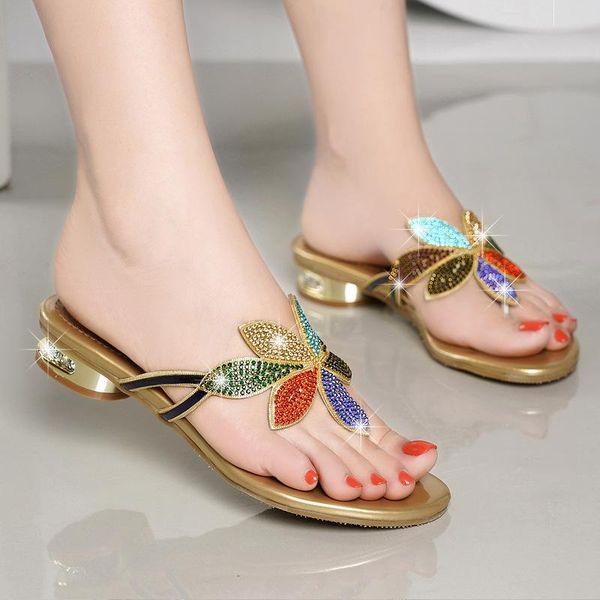 shoes women sandals ladies slippers summer rhinestone open toe low heel slides crystal black gold a387 flip flops rubber