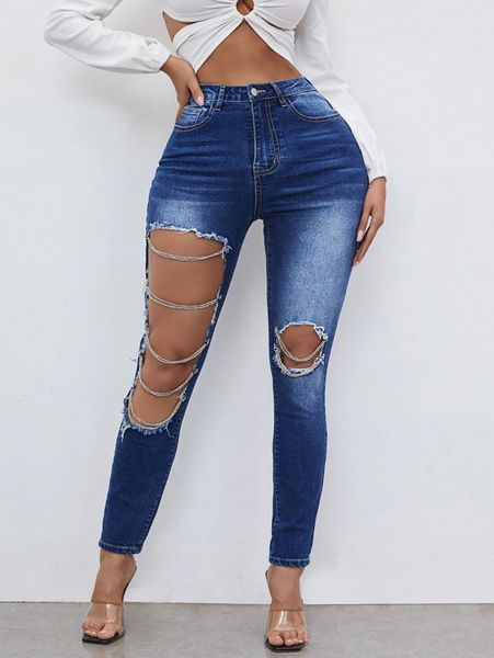 sxy chain detail high waist ripped jeans o4ep#, Blue 
sxy chain detail high waist ripped jeans o4ep#, Blue