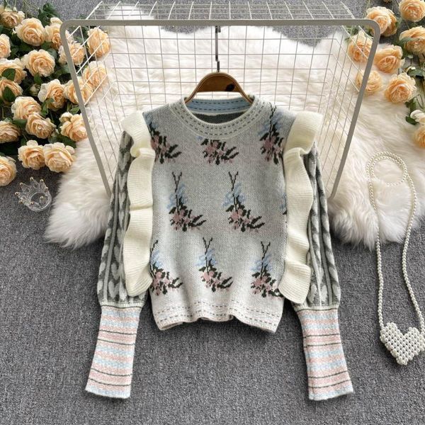 women's sweaters women pullover sweater korean chic ruffles knitted 2021 autumn winter o-neck long sleeve floral jacquard jumper, White;black
women's sweaters women pullover sweater korean chic ruffles knitted 2021 autumn winter o-neck long sleeve floral jacquard jumper, White;black