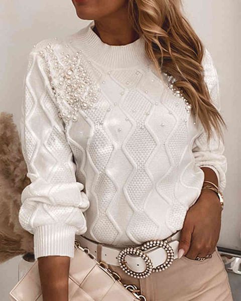 

winter women elegant plain plus size long sleeve o-neck sweater femme solid beaded deco casual chandail ladies clothing 210415, White;black