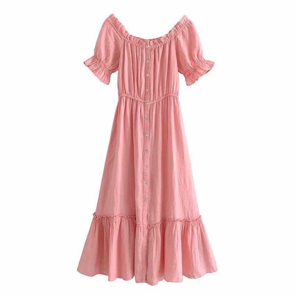 women vintage off shoulder dress with ruffled trims short puff sleeves buttoned casual midi dresses woman robe 210709, Black;gray
women vintage off shoulder dress with ruffled trims short puff sleeves buttoned casual midi dresses woman robe 210709, Black;gray