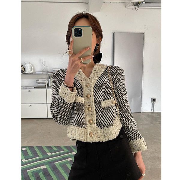 early spring little fragrance coat black and white check short tweed lady women's jackets, Black;brown
early spring little fragrance coat black and white check short tweed lady women's jackets, Black;brown