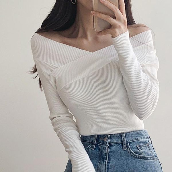women's sweaters diseyar off-shoulder pure color slim v neck sweater autumn winter long sleeve knitting pullover clothes, White;black
women's sweaters diseyar off-shoulder pure color slim v neck sweater autumn winter long sleeve knitting pullover clothes, White;black