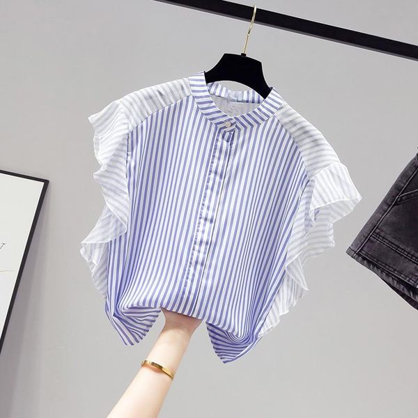 women's blouses & shirts chiffon striped women summer 2021 o-neck flare sleeved loose elegant office lady outwear, White
women's blouses & shirts chiffon striped women summer 2021 o-neck flare sleeved loose elegant office lady outwear, White