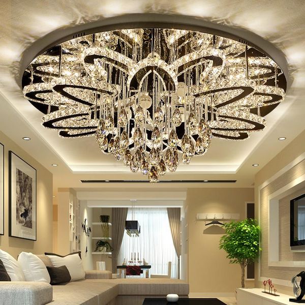 

modern remote control dimmable lustre k9 cristal stainless chrome led ceiling chandelier luxury foyer light chandeliers