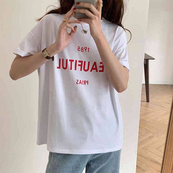 half- short women's t-shirt will see celebrity design printing letters cotton t-top, White
half- short women's t-shirt will see celebrity design printing letters cotton t-top, White