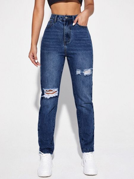 fringe detail ripped mom jeans p5rk#, Blue