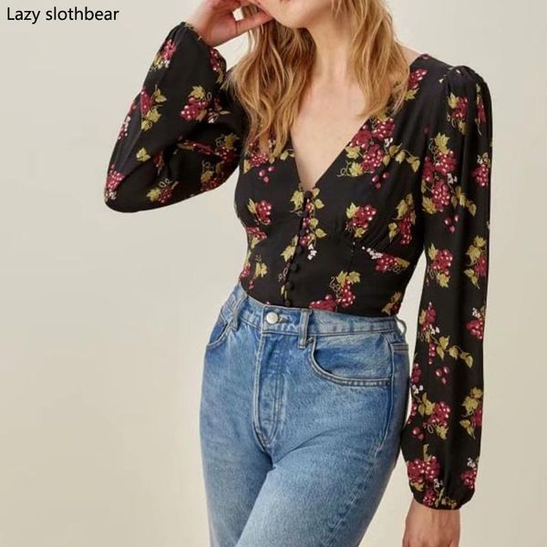 women's blouses & shirts ladies spring and summer long-sleeved deep v-neck shirt fashion temperament celebrity floral prinited blouse, White