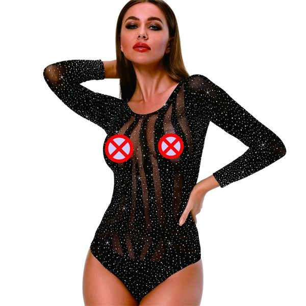 diamond jumpsuit backless fun underwear hollowed out mesh jacquard 211201, Black;white