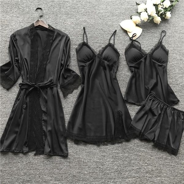 women's sleepwear women satin silk sets lace robe dress pajamas spaghetti strap lingerie shorts nightdress setin 4 pieces #g3, Black;red
women's sleepwear women satin silk sets lace robe dress pajamas spaghetti strap lingerie shorts nightdress setin 4 pieces #g3, Black;red
