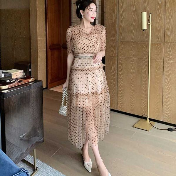 summer runway fashion dress v neck short sleeve polka dot mesh long party 210531, Black;gray
summer runway fashion dress v neck short sleeve polka dot mesh long party 210531, Black;gray